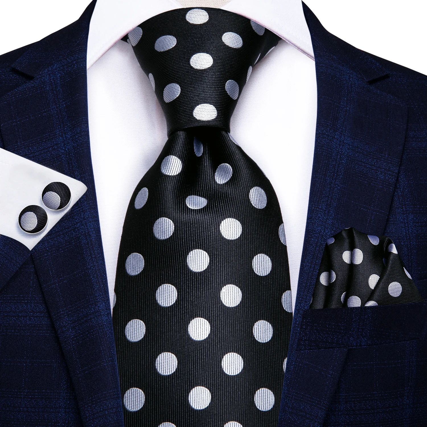 Hi-Tie Più Nuovo Puntini di Polka di Disegno Mens Cravatte Nere Causale Cravatta Fazzoletto Gemelli Set Cravatte Per Gli Uomini di Cerimonia Nuziale Del Partito gravatas