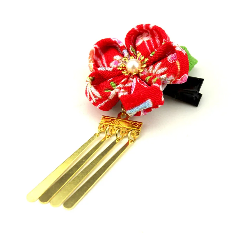 

Concise Japanese Style Kanzashi Sakura Flower Coppered Tassel Red Pink Kimono Yukata Accessory Handmade Headclip HW008-M