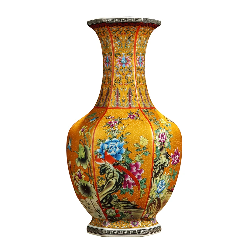 

Jingdezhen Handmade Yellow Antique Chinese desktop Vase ornament filigree enamel color living room furnishing gift