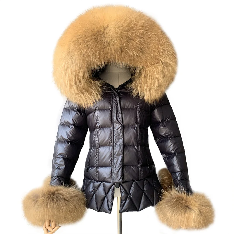 Jaxmonoy casaco de inverno com capuz para mulheres, parka longo preto, gola e punhos de pele de guaxinim real, jaquetas de pato branco para mulheres