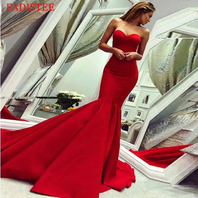 Red satin mermaid communion dresses Long Evening Dress prom party Robe De Soiree longue Formal Dress simple robe de soiree