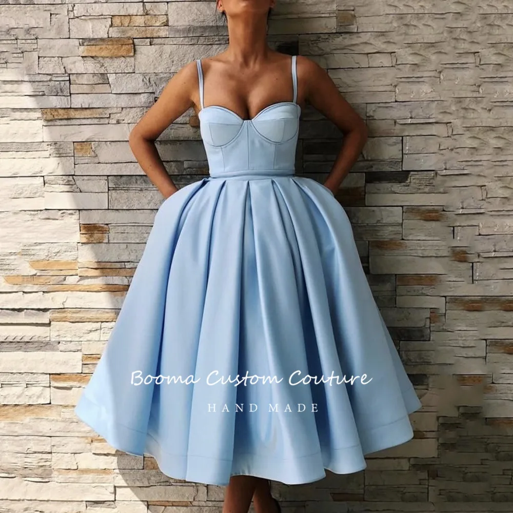 Elegant Blue Korte Homecoming Jurken Sweetheart Spaghettibandjes Satin Party Jurken Knielange Geplooide A-lijn Prom Dresses