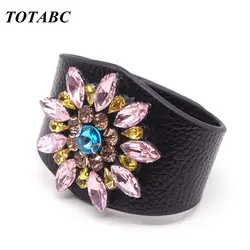 European Fashion Punk Wide Crystal Flowers Leather Bracelets for Women Charm Cuff Bracelet Statement Jewelry