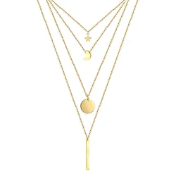 MinaMaMa Stainless Steel Chain Pentacle Star Round Coin Moon Bar Pendants Necklaces For Women Multi Layered Necklaces
