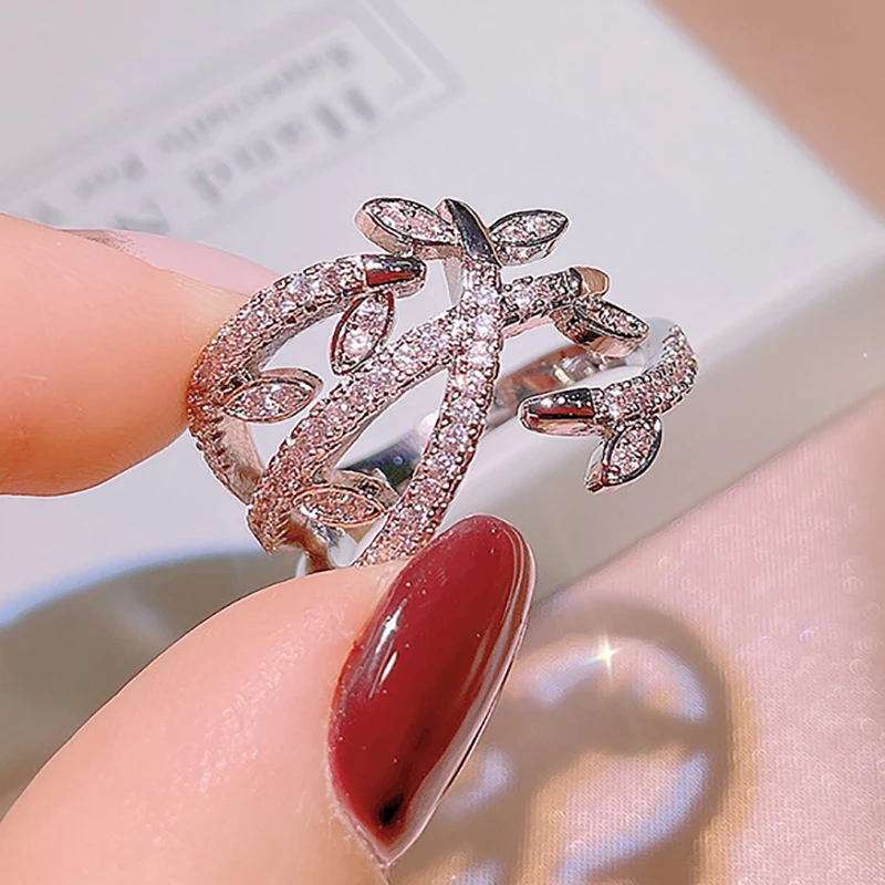 

2021 NEW Trend Multilayer Bow Leaves Ring For Women S925 Silver Zircon Irregular Engagement Party Christmas Gifts Jewelry