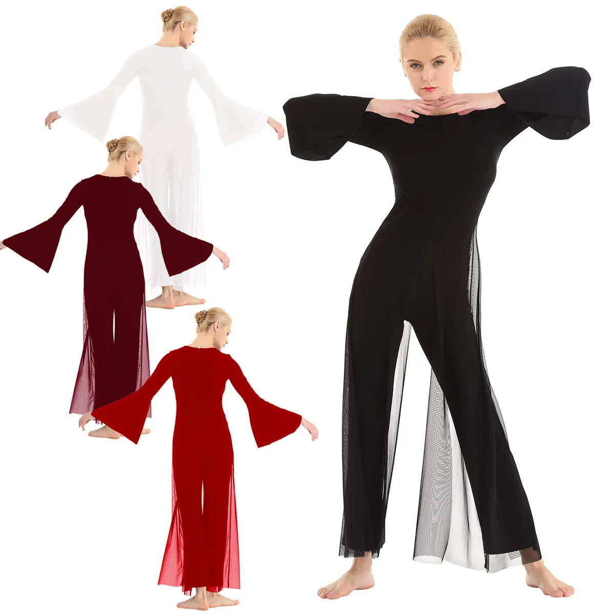 Women Lyrical Dance leotards Dress One-piece Round Neck Long Flare Sleeves Mesh Overlay Culottes Leotard dance costume Jumpsuit