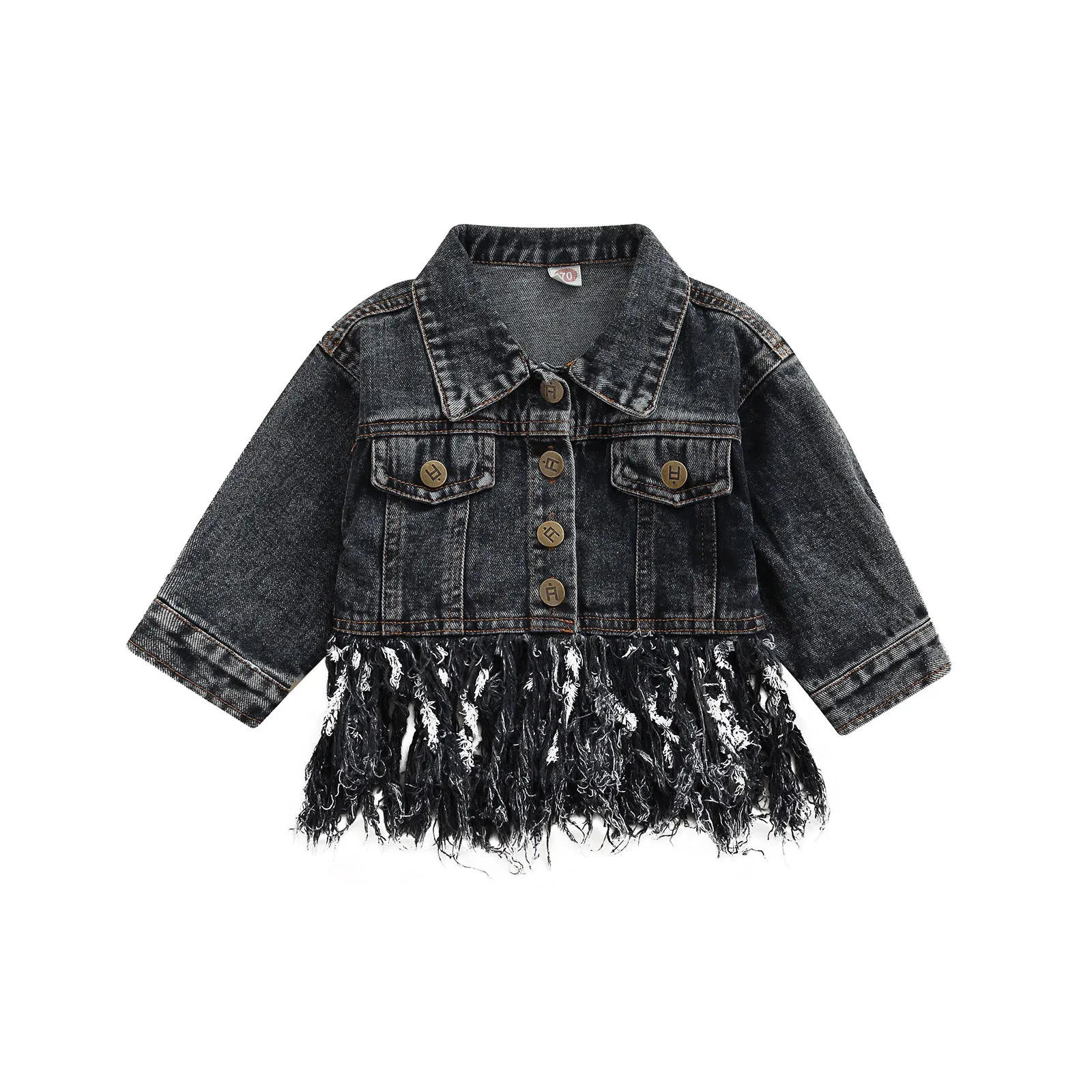 Kid Baby Girl Denim Coat, Long Sleeve Lapel Buttons Cardigan Tassel Hem Dress Fall Loose Tops, Black 6M-4T