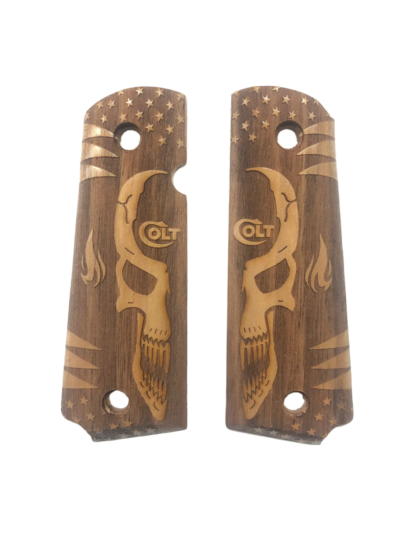 

Colt 1911 Compatible Colt Written Smiling Face and Flame Pattern Laser Cut Wooden New Design Grips Mod36 Şaftol Painting