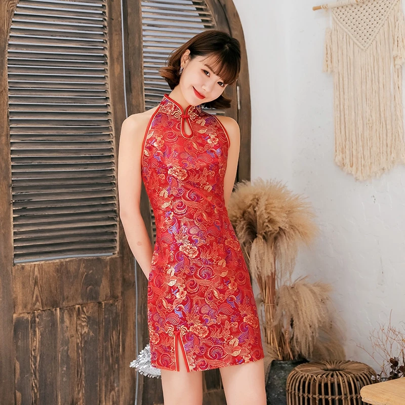 New Summer Chinese National Short Cheongsam Dragon Phoenix Sexy Halter Dress Sleeveless Women Mini Dress Split Dresses Qipao