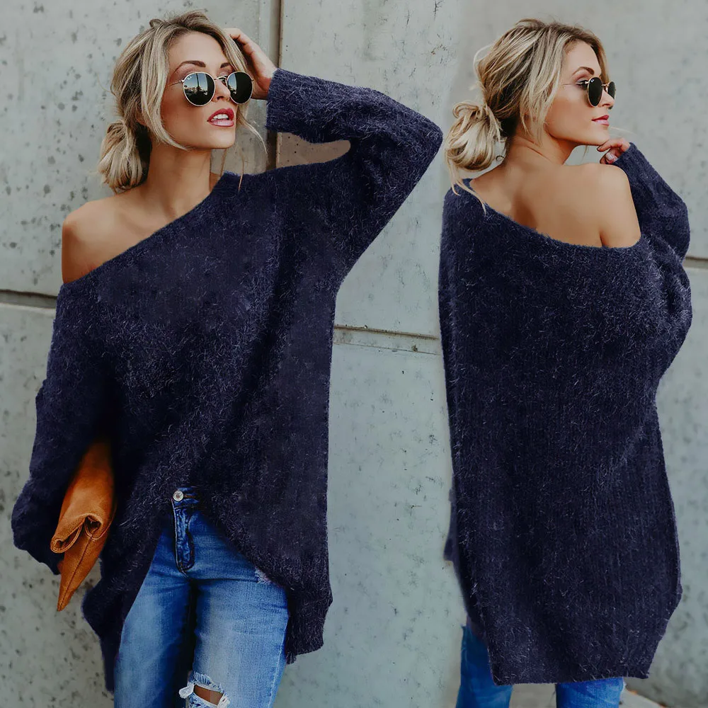 Women Sexy Off Shoulder Black Pink Oversized Sweaters Long Sleeve Casual Loose Solid Plush Sweaters Female Jumpers Pullover Tops