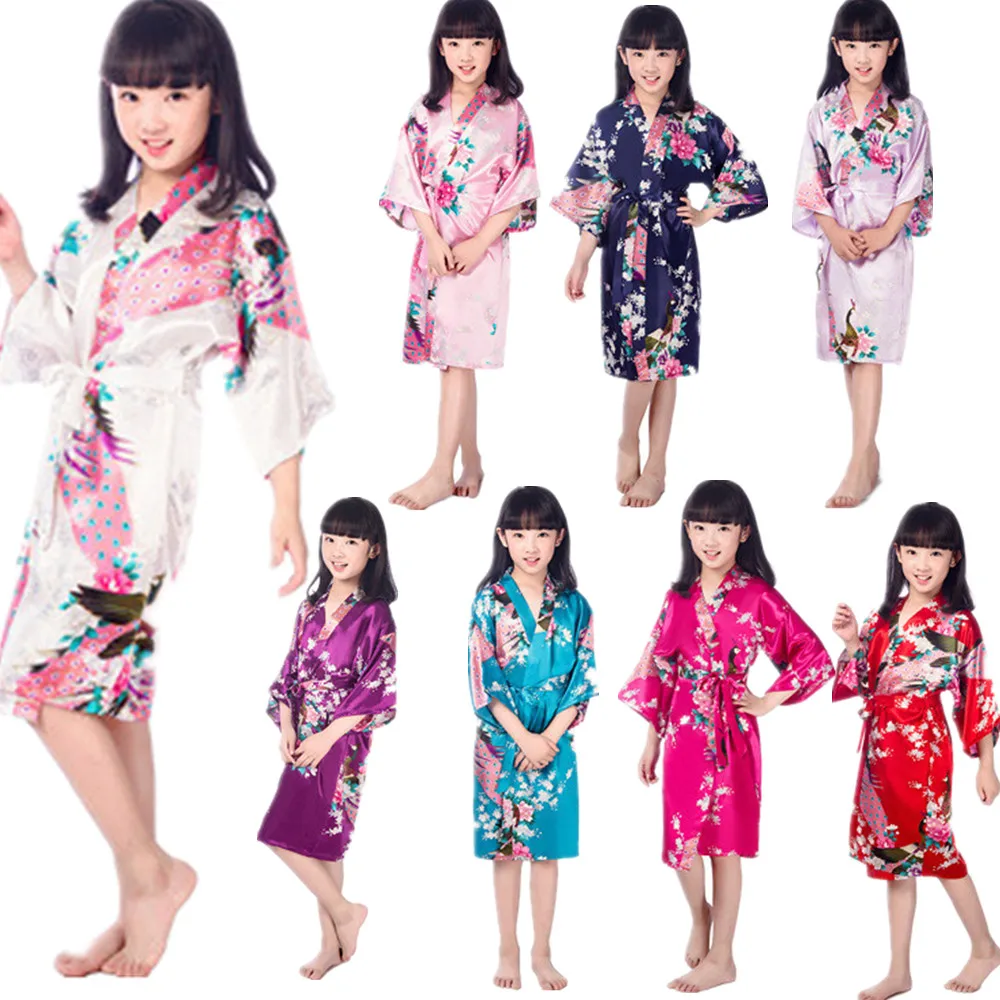 Wholesale Child's Satin Kimono Robes for Girls Kids Floral Sleepwear Peacock Flower Robe for Spa Wedding Birthday Nightgown