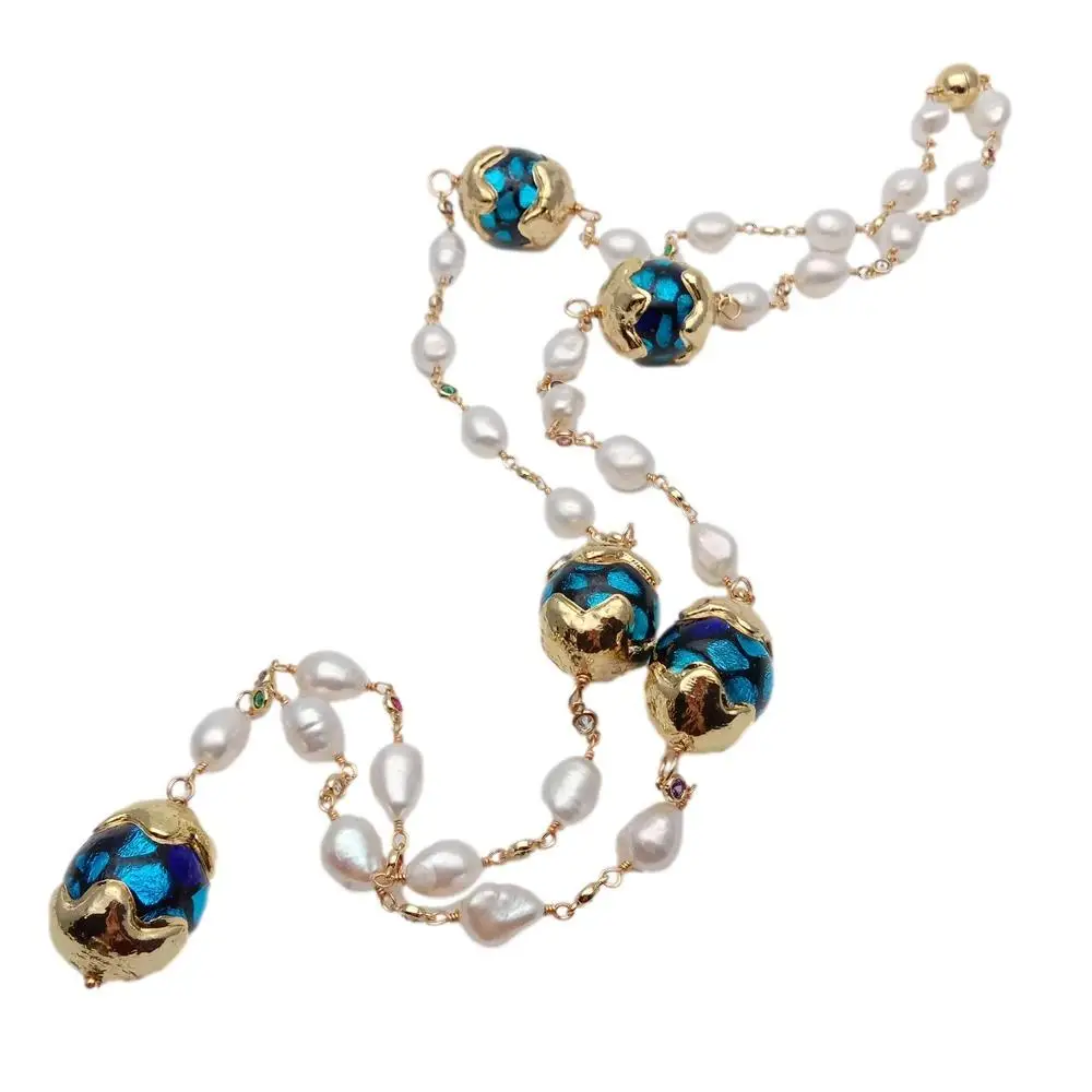 Y.YING Cultured White Baroque Pearl Blue Murano Glass Rosary Chain Long Necklace Lady Jewelry 33\