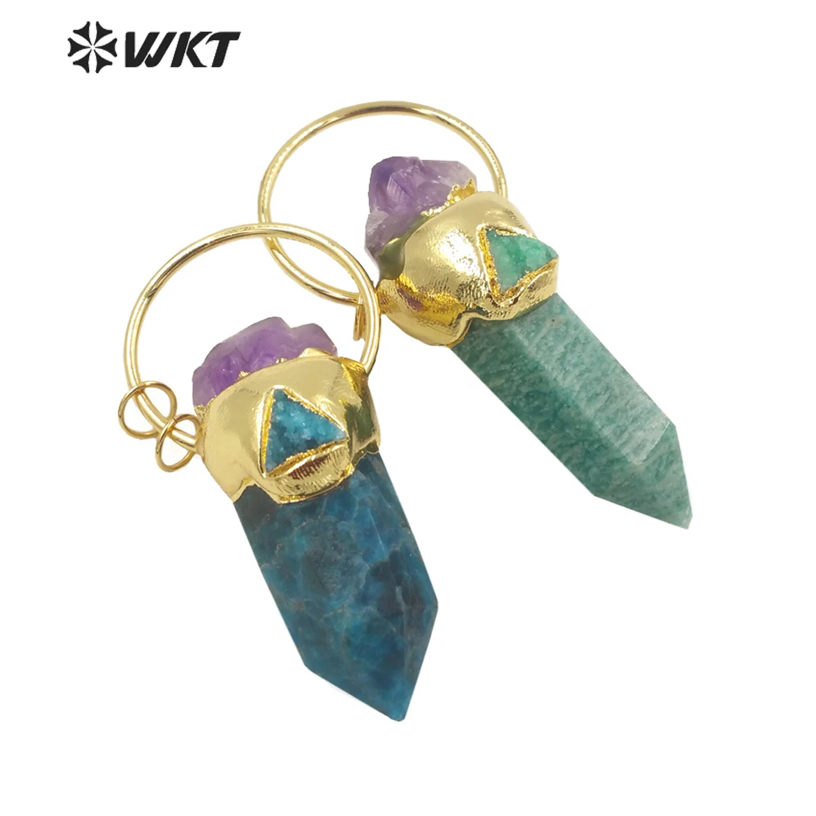 

WT-P1747 Fashion Cylinder Shape Gold Electroplated Blue Apatite Amazonite Mix With Amethysts Energy Point Stone Pendant Jewelry