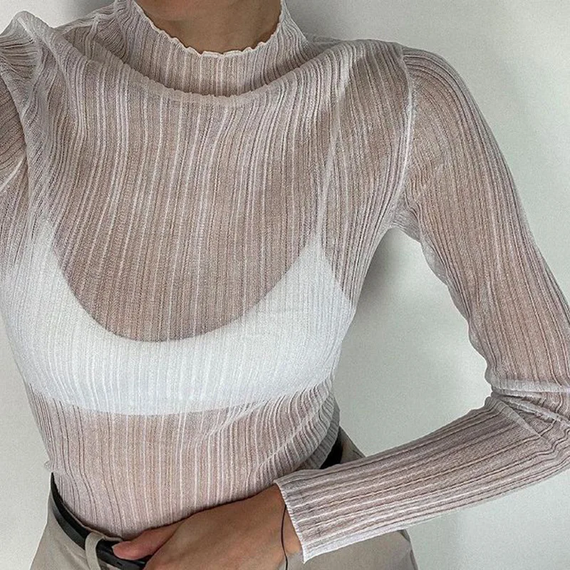 2024 Fall Elegant See Through Long Sleeve Mock Neck Women Tops Fashion Streetwear Sexy T-Shirts Tees Slim Clothes