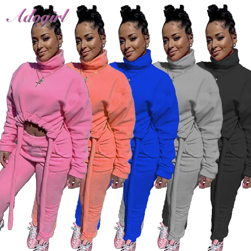 Autumn Winter Fleece Workout Soprtwear Tracksuit Solid Turtleneck Ruched Long Sleeve Hoodies Sweatpants Suit Outfit Matching Set