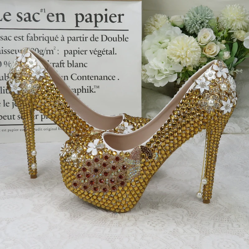 BaoYaFang Golden Party Dress Shoe with matching bag crystal Wedding shoes Bride women\'s High heel platform shoe High Pumps purse