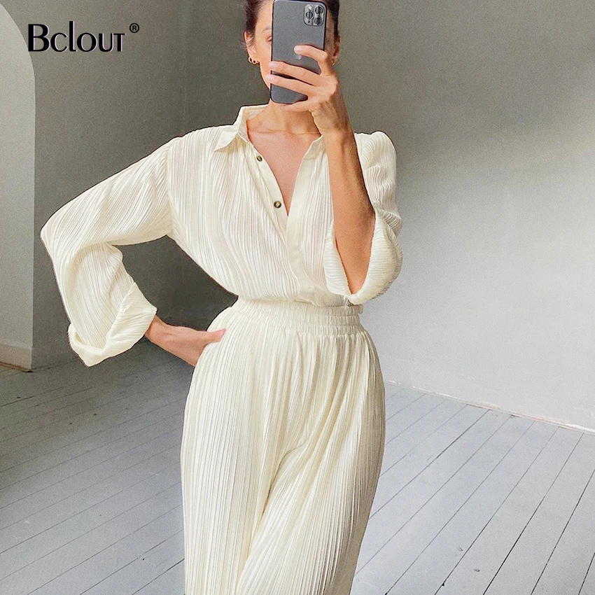 Bclout 2021 Elegant Khaki Slim Long Pants Female High Waist Trousers Women Casual Pleated Wide Leg Pants Trousers Spring Autumn