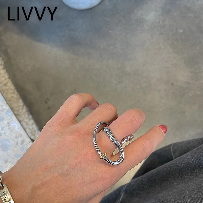 LIVVY Exaggerate Simple Design Line Irregular Twist  Adjustable Ring Women Personality High-quality Silver Color Jewelry