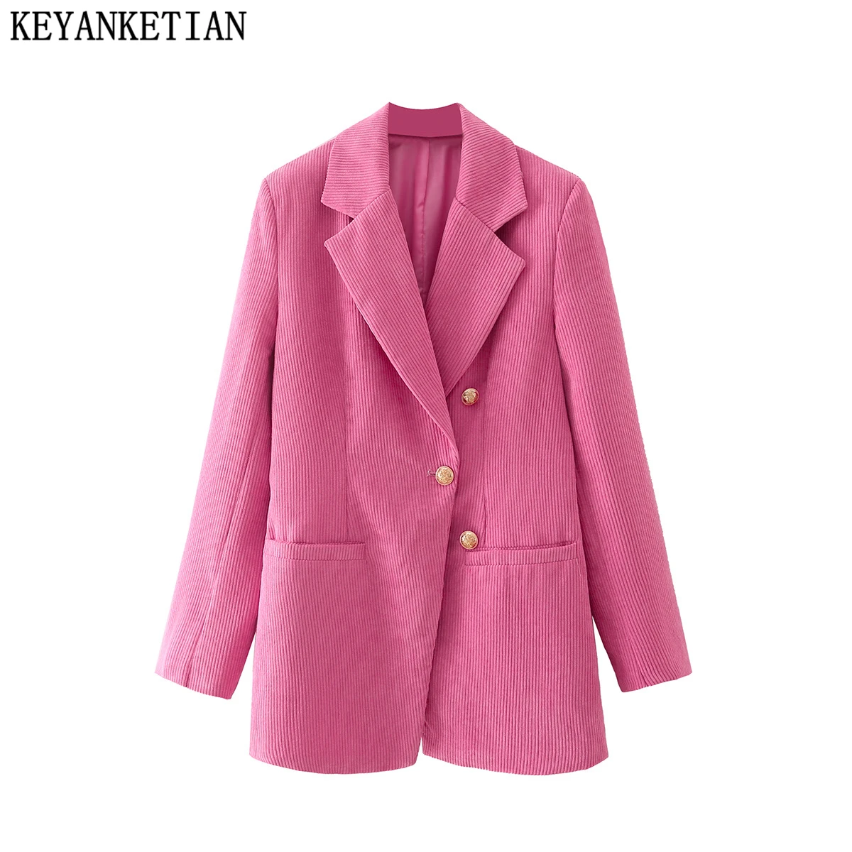 

KEYANKETIAN Fashion single-breasted irregular buttons red corduroy blazer women retro mid-length loose blazer