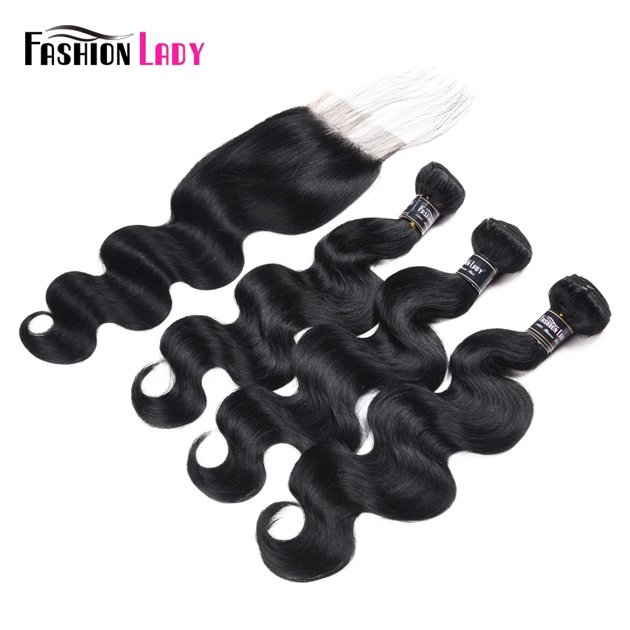 Jet black human hair bundles with closure Fashion Lady Pre-Colored Bundle Pack Bodywave 3/4 Bundles With Closures Non-Remy