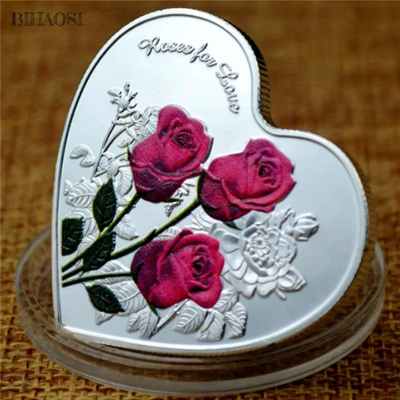 Love Rose relief paint metal commemorative medallion coin silver coin craft coin 999 Silver Plated gift collection coin
