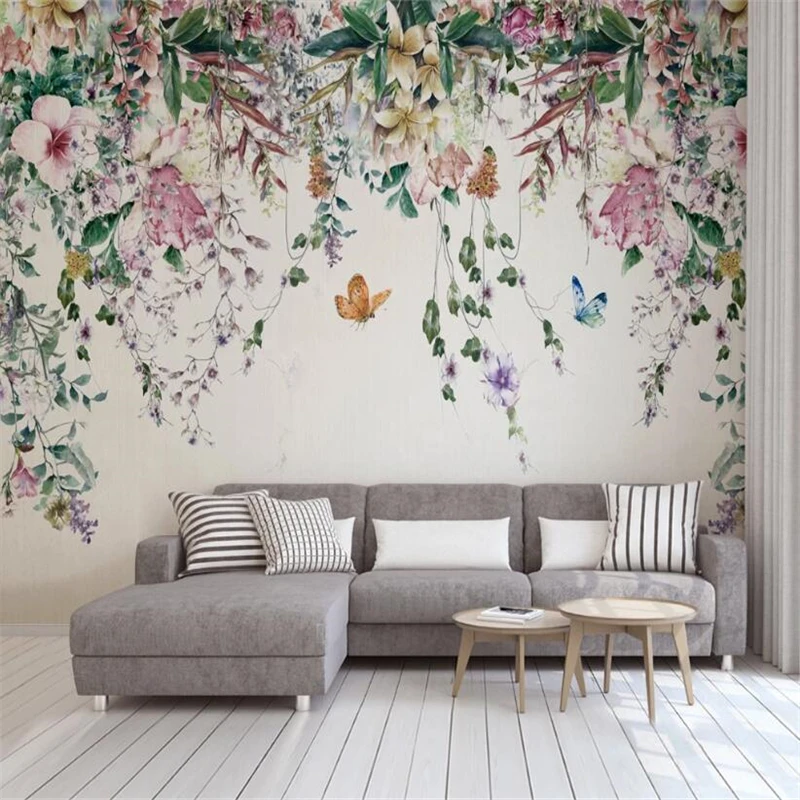 custom Large 3D wallpaper mural vine flowers TV background pastoral butterfly wallpapers for living room 3D house decoration