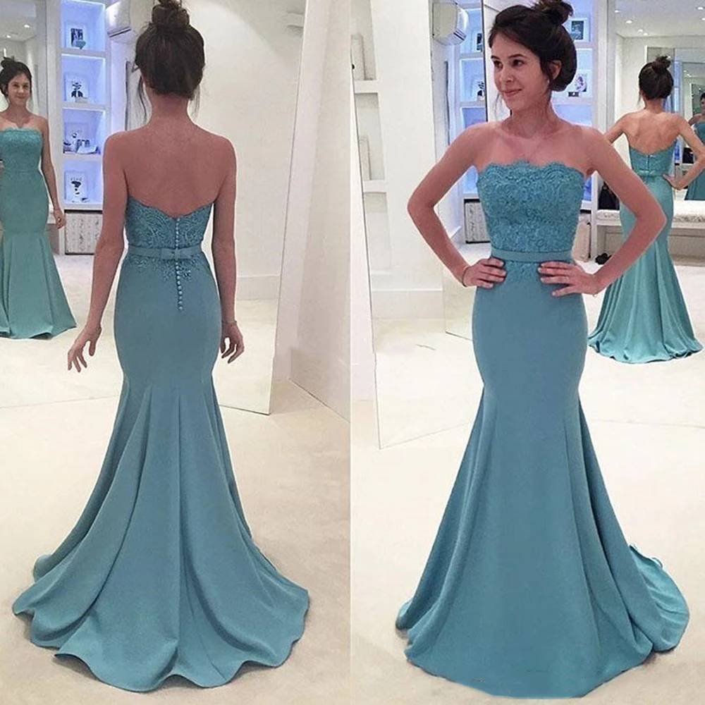 Vestidos Elegantes de Hunter Mermaid para madre de la novia, sin tirantes, con encaje y Espalda descubierta, vestidos formales de noche para fiesta, vestidos de boda para madre