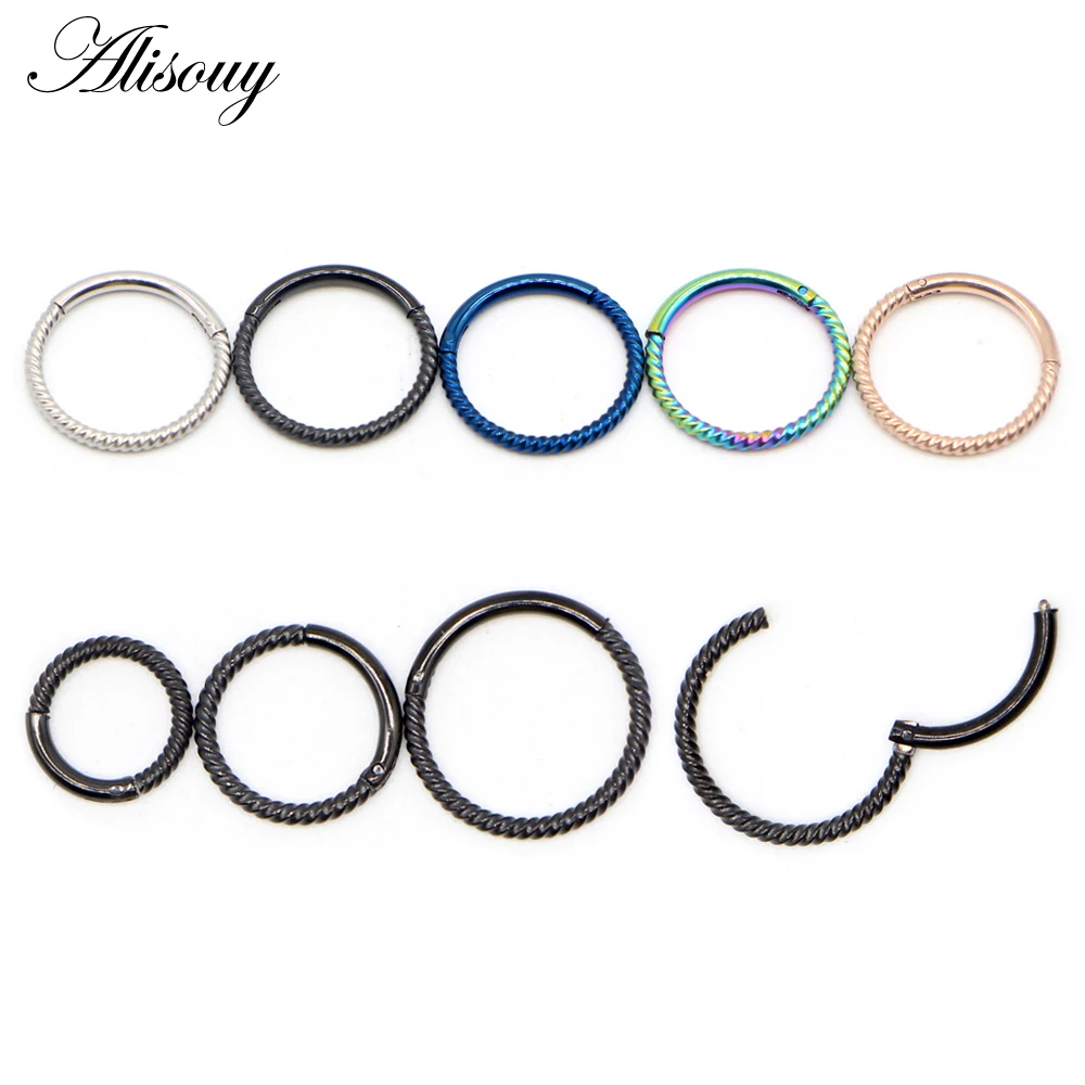 Alisouy 1PC Stainless Steel 6mm-10mm Twist Hinged Clicker Nose Hoop Rings Nose Studs Cartilage Tragus Daith Septum Body Piercing