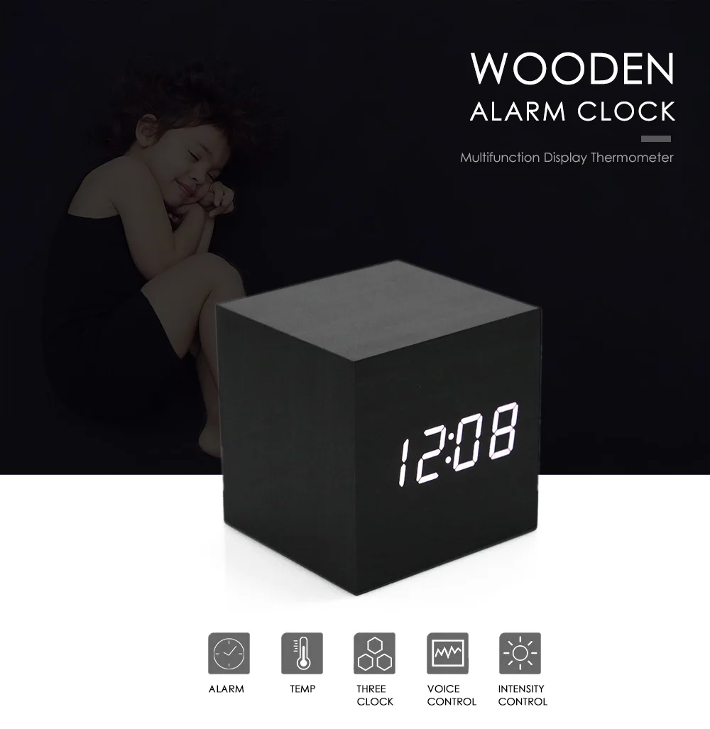 Despertador Digital de madera con pantalla LED, reloj Despertador de escritorio electrónico con Control de temperatura y sonidos