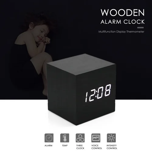나무 LED 알람 시계, 온도 소리 제어 LED 디스플레이, 전자 데스크탑 디지털 테이블 시계