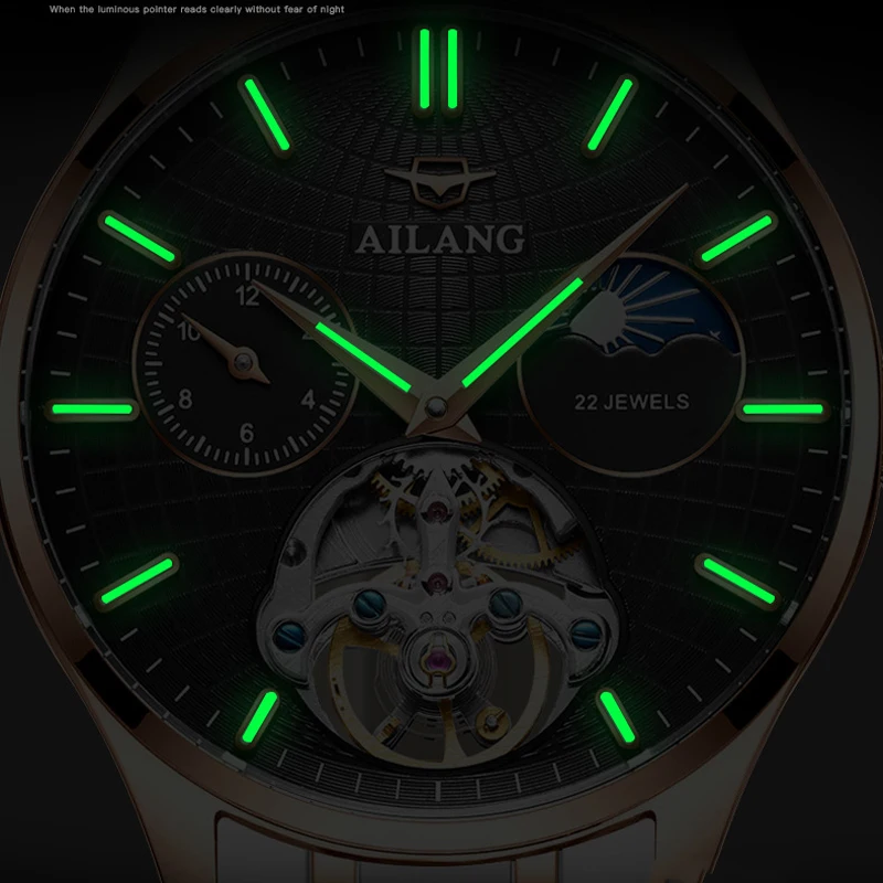 AILANG Fashion Automatic Mechanical Watch for Men Stainless Steel Waterproof Luminous Moon Phase Luxury Tourbillon Watches Mens