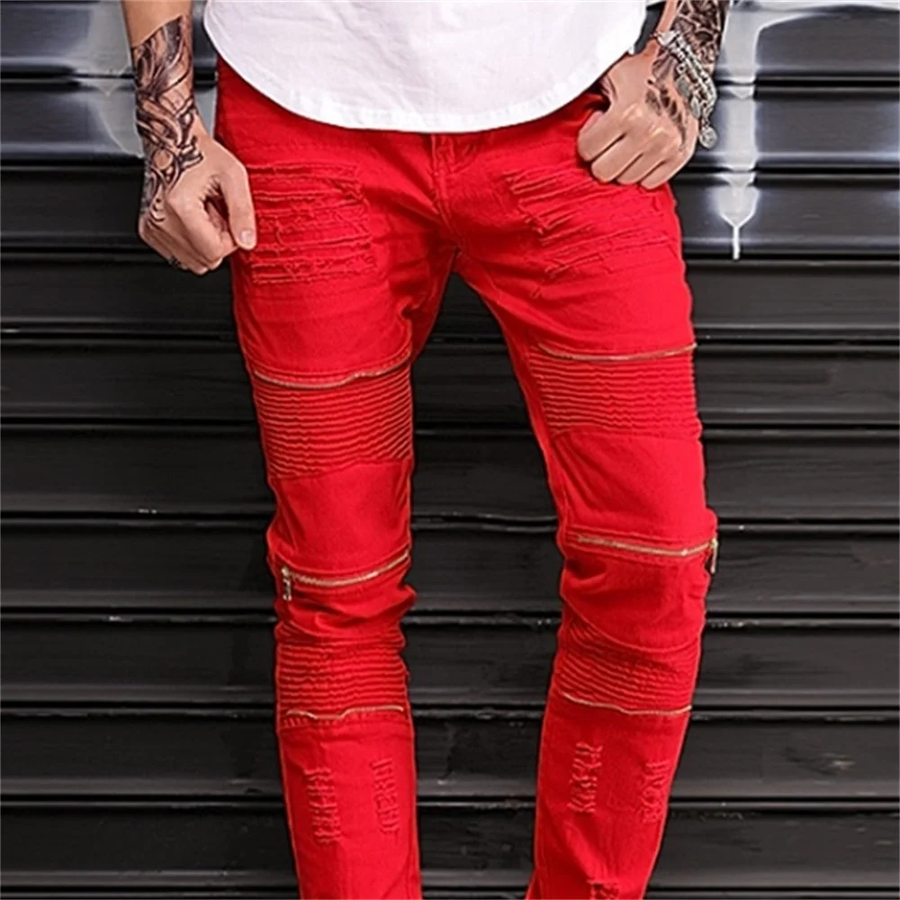 EH · MD ®   Calças jeans riscadas masculinas moda tendência corte através do zíper decoração multi bolso 2020 vermelho fino jeans casuais maré