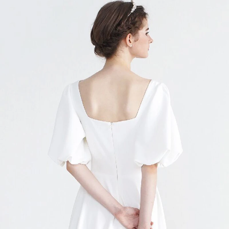 Robe de mariée en Satin, col carré, manches longues, coupe basse, fermeture éclair, Simple, élégante, avec traîne, sur mesure, #2020, 983