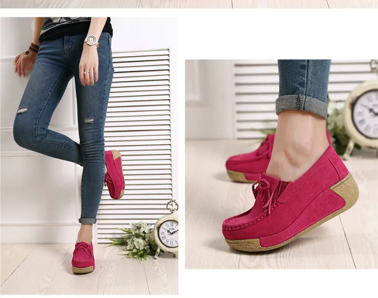 Women\'s shoes Comfortable platform Female Ladies Cow Suede Genuine Leather Shoes Loafers Platform Elegant Slip red shoes