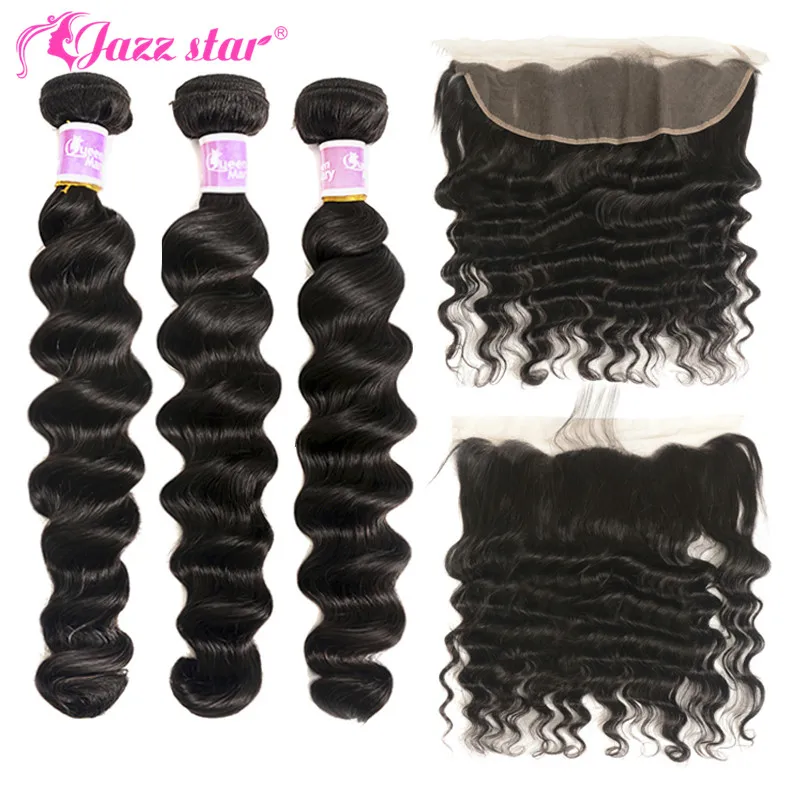 

Brazilian Loose Deep Wave Bundles with Frontal Closure Middle Ratio100% Human Hair Bundles with Closure Non-Remy Jazz Star Hair