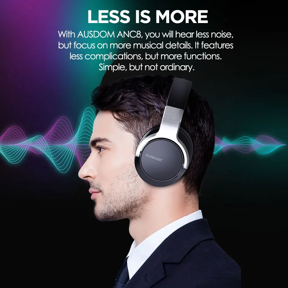 Беспроводные наушники AUSDOM ANC8 с активным шумоподавлением, Bluetooth-гарнитура с Super HiFi насыщенными басами, время работы 60 часов, для путешествий, работы