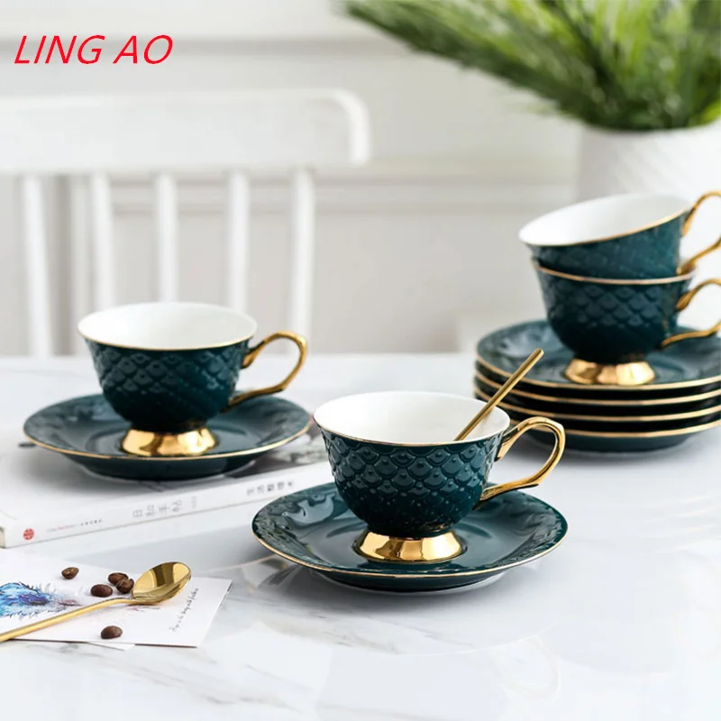 

LingAo European embossed ceramic coffee cup cup saucer set with tray with spoon lovers tea set can be customized gift box LOGO