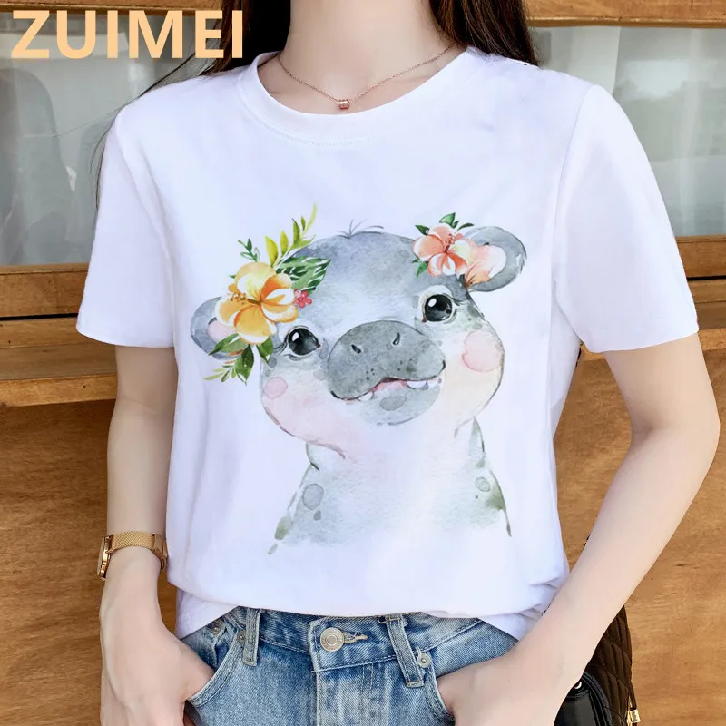 Baby Hippo Flower Crown Animals Print Tops Women T-shirt Casual Ladies Basic O-collar Short Sleeved Women T-shirt Girl,Drop Ship