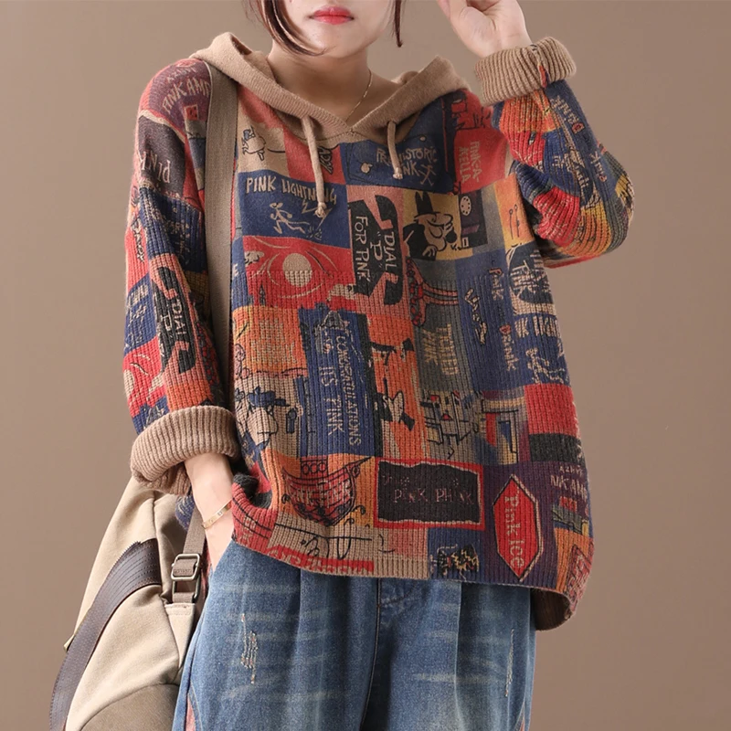 

Female new autumn and winter plus size literary retro printing knitted loose all-match sweatershirt