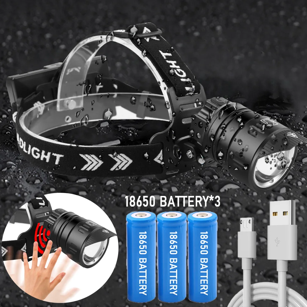 Poderoso farol de pesca e alta potência led farol sensor cabeça lâmpada lanterna acampamento 18650 a bateria para a caça