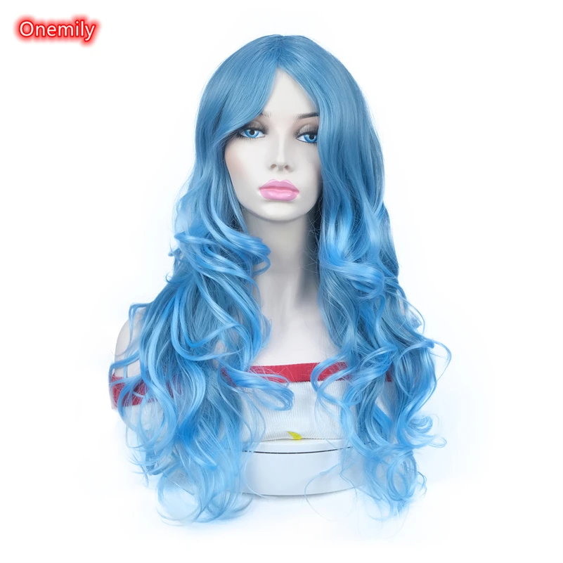 

Onemily Colorful Cosplay Long Wavy Wig Light Blue Women Halloween Costume Party Wigs with Side Bangs