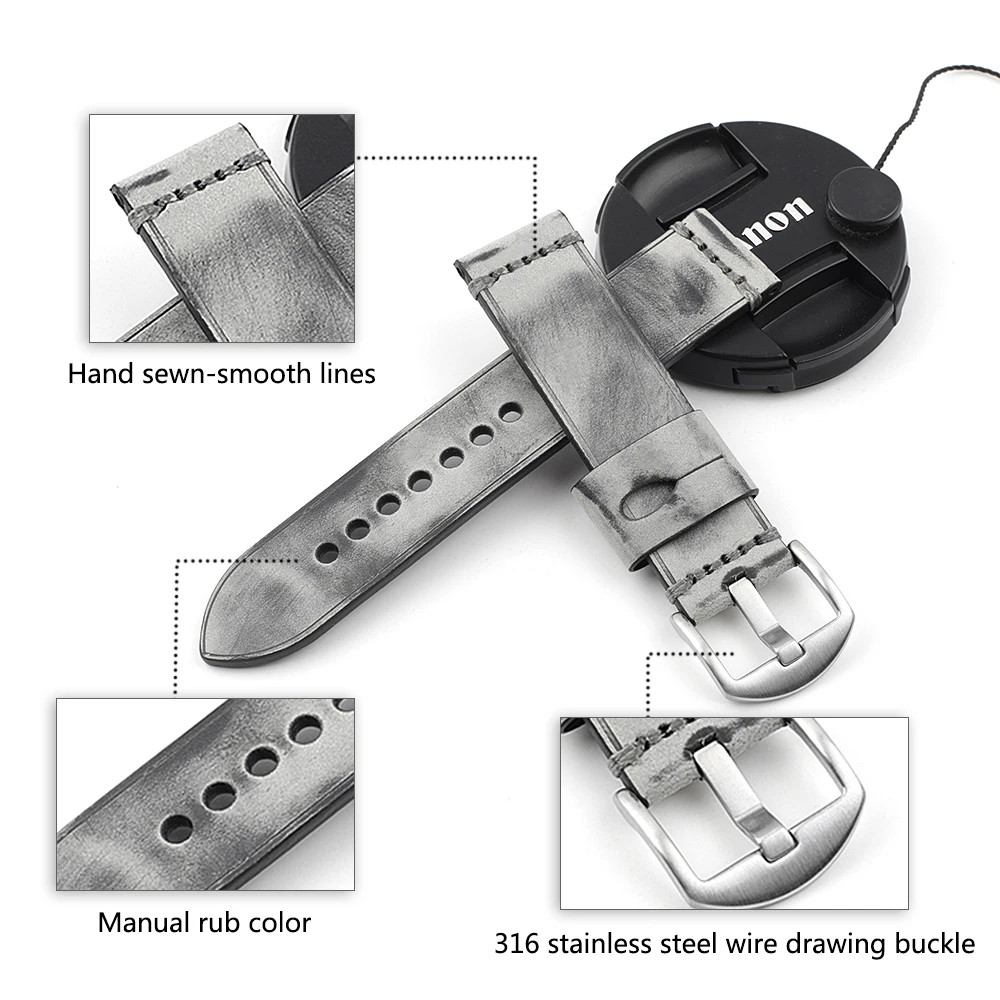 High Quality Leather Watch Strap 22mm Handmade Stitching Grey Special Brushed Watchband for Replacement Belt