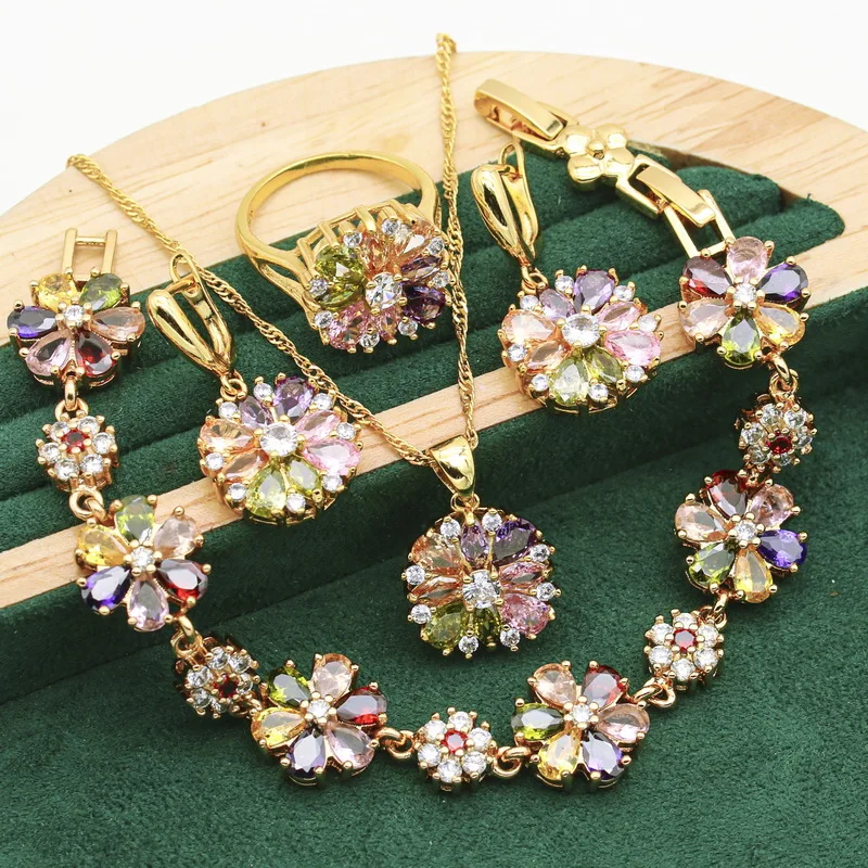 Classic 925 Silver Gold Color Jewelry Sets For Women Wedding Multicolor Zircon Bracelet Earrings Necklace Pendant Ring 4PCS