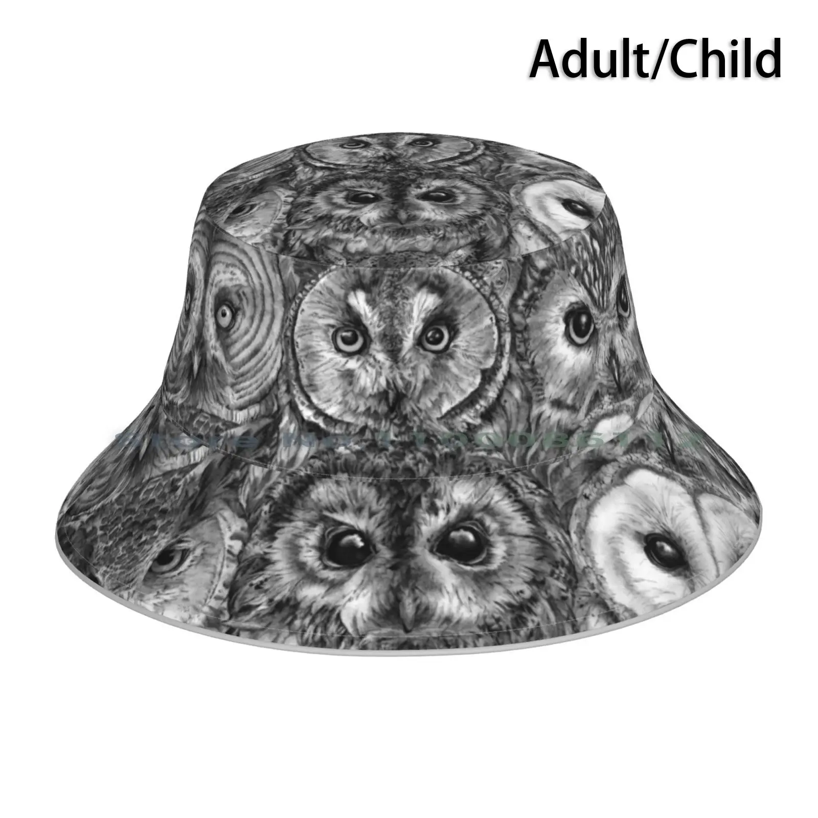 Owl Optics Bw Bucket Hat Sun Cap Barn Owl Black And White Feathers Sawhet Great Grey Birds Eyes Falcon Watercolor Ink Snowy Owl