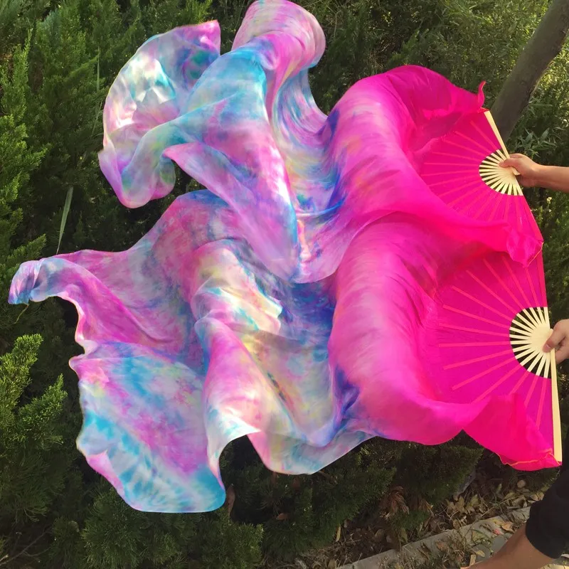 New Tie-Dyed 100% Silk Belly Dance Silk Fan Veil Professional Bamboo Folding Fan Veils Stage Show Props Fan Customized Color