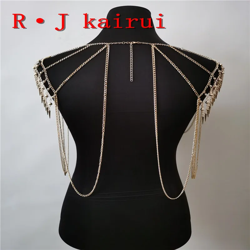 New RJBY28 Gold Chains Neck Shoulder Beads Plastic Rivets Body Jewelry Unique Top Costume Jewelry 2 Colors