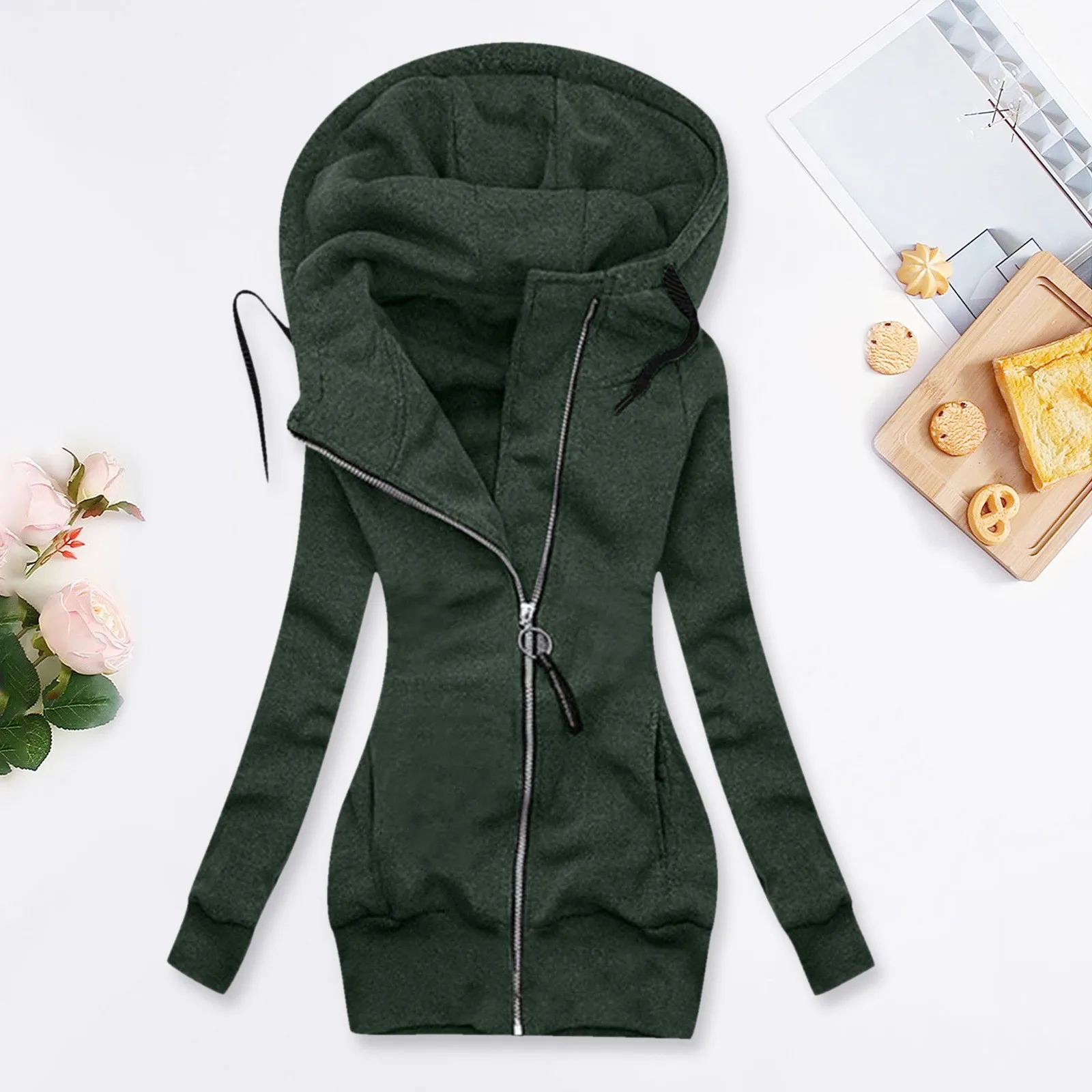 PlusSize Women Jacket Fashion Solid Color Hooded Coat Zipper Pocket Long Sleeve Sport Autumn Winter Long Hoodies Sweatshirts