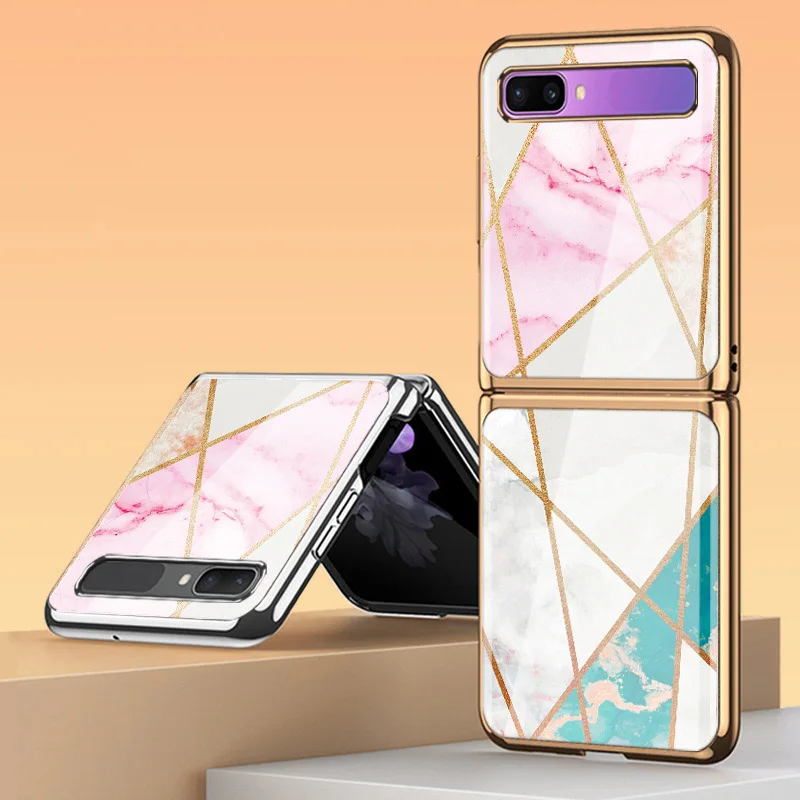 Z Flip 3 Funda Case for Samsung Galaxy Z Flip 3 Z Fold 3 Pink White Stitching Marble Tempered Glass Coque Phone Case Cover Capa