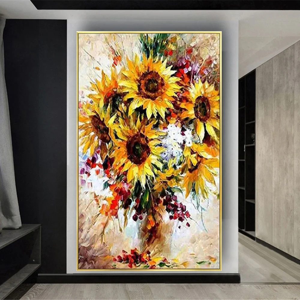 

100% Hand-Painted Palette Knife Thick Texture Flowers Oil Painting Van Gogh Sunflower Wall Hangings Abstract Home Decor Gift