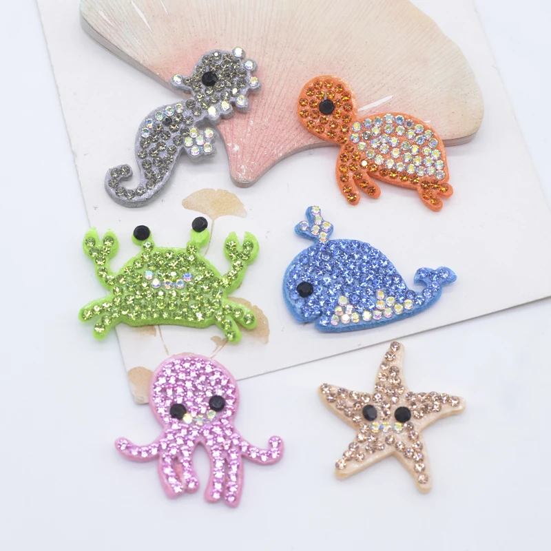 12Pcs Sea Starfish Octopus Whale Turtle Crab Hippocampus Rhinestone Patches for DIY Clothes Hat Headwear Hair Clips Bow Decor